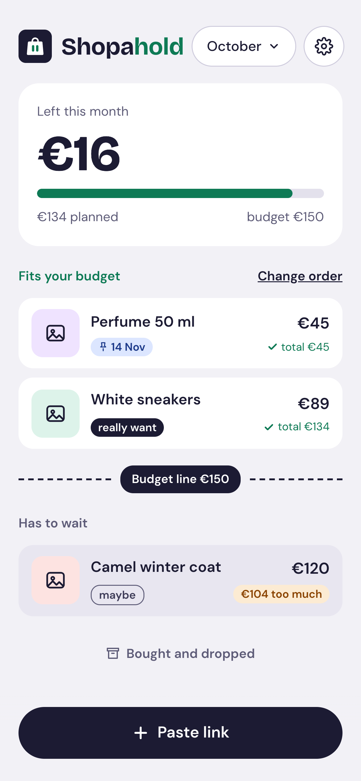 The list in Shopahold: at the top what fits the €150 budget, then the budget line and what has to wait.
